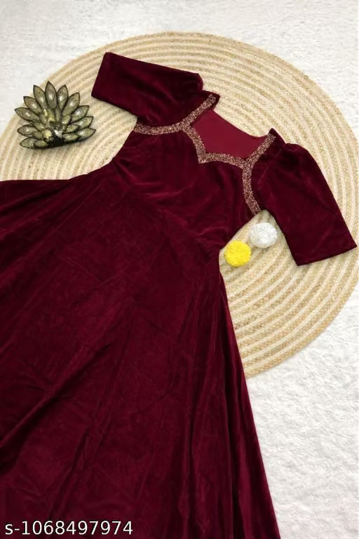II Royal Maroon Velvet Flared Gown with Embellished Sweetheart Neck II Premium soft velvet fabric II Stylish half puff sleeves II Pure velvet fabric II