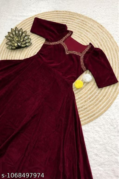 II Royal Maroon Velvet Flared Gown with Embellished Sweetheart Neck II Premium soft velvet fabric II Stylish half puff sleeves II Pure velvet fabric II