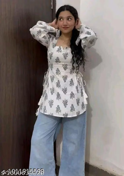 Women's Floral Printed Cotton Peplum Top with Bell Sleeves Trendy Casual Wear