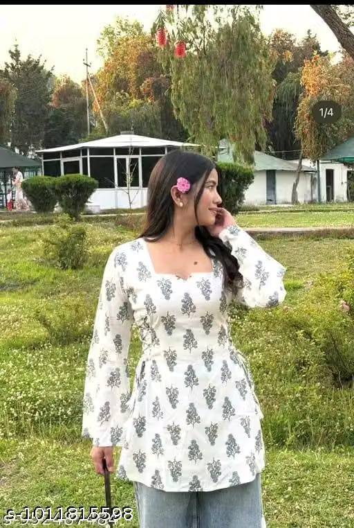 Women's Floral Printed Cotton Peplum Top with Bell Sleeves Trendy Casual Wear