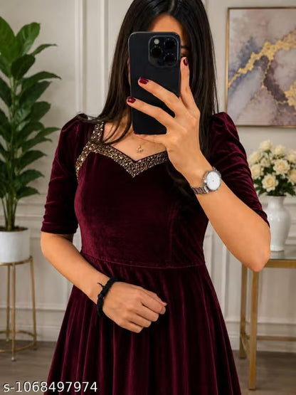 II Royal Maroon Velvet Flared Gown with Embellished Sweetheart Neck II Premium soft velvet fabric II Stylish half puff sleeves II Pure velvet fabric II