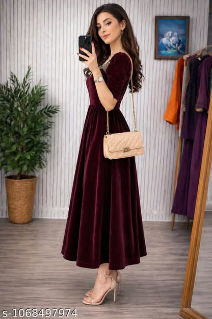 II Royal Maroon Velvet Flared Gown with Embellished Sweetheart Neck II Premium soft velvet fabric II Stylish half puff sleeves II Pure velvet fabric II