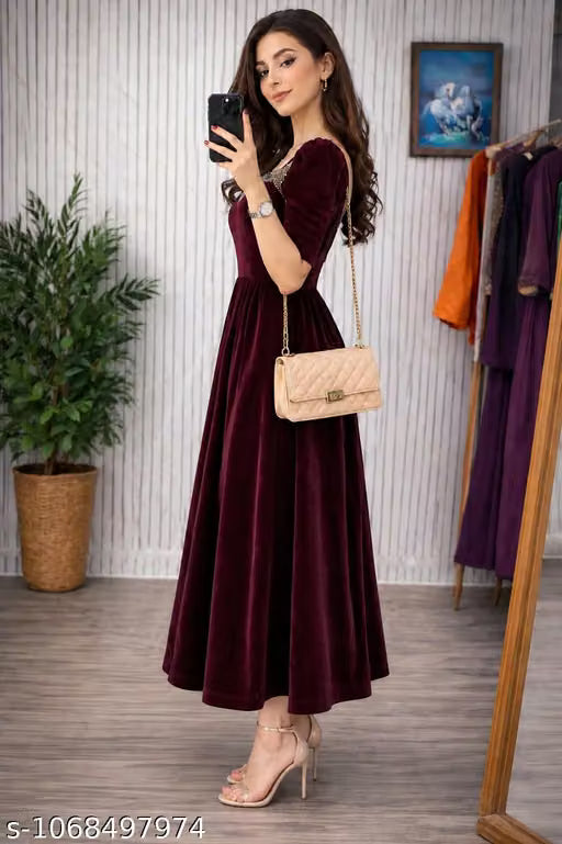 II Royal Maroon Velvet Flared Gown with Embellished Sweetheart Neck II Premium soft velvet fabric II Stylish half puff sleeves II Pure velvet fabric II