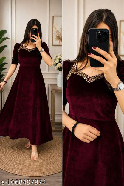 II Royal Maroon Velvet Flared Gown with Embellished Sweetheart Neck II Premium soft velvet fabric II Stylish half puff sleeves II Pure velvet fabric II